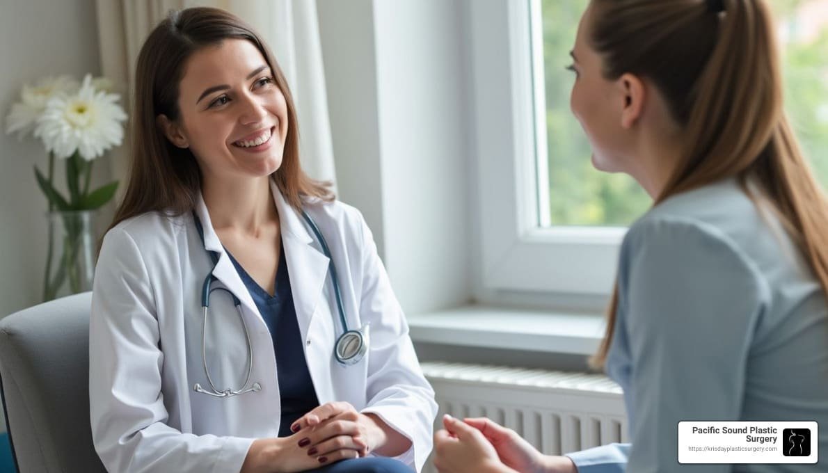 Plastic surgeon consulting with patient about breast lift procedure at Pacific Sound Plastic Surgery