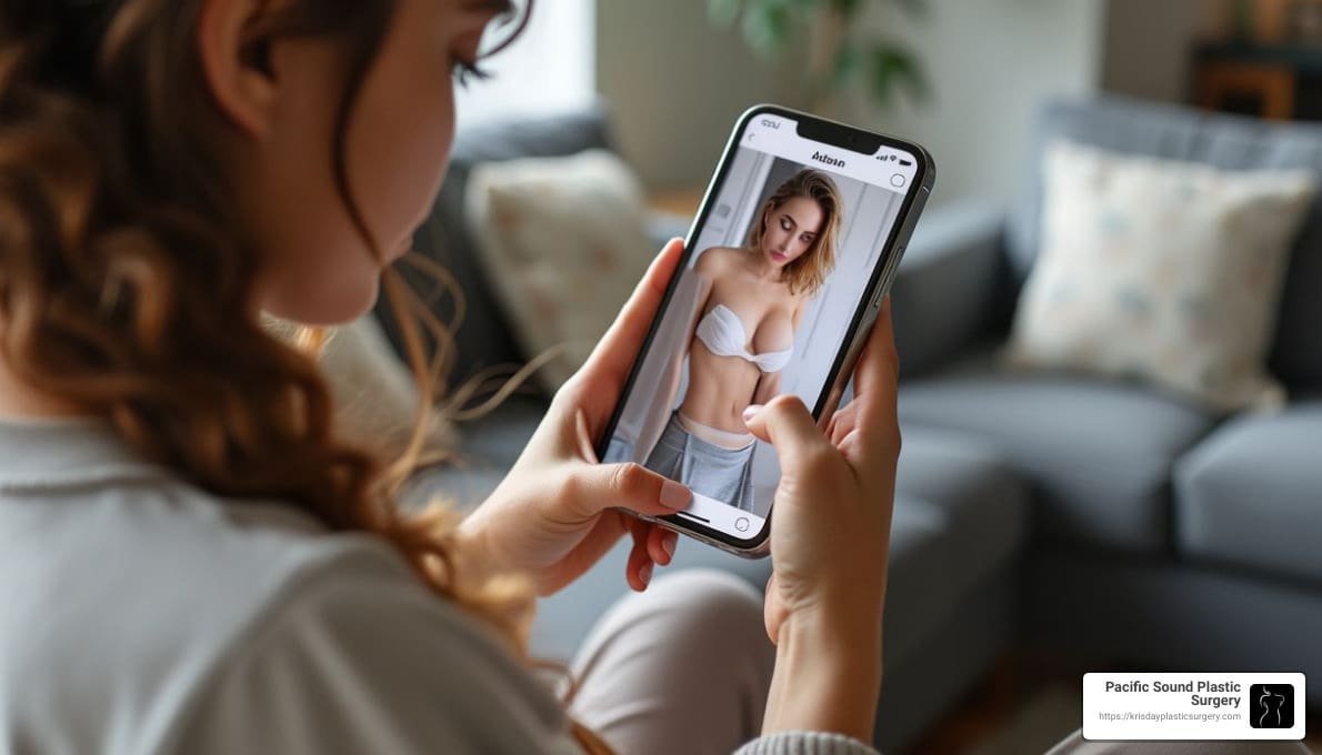 Young woman researching breast augmentation on her smartphone, viewing before-and-after results of breast implants, representing decision-making for saline or silicone implants.