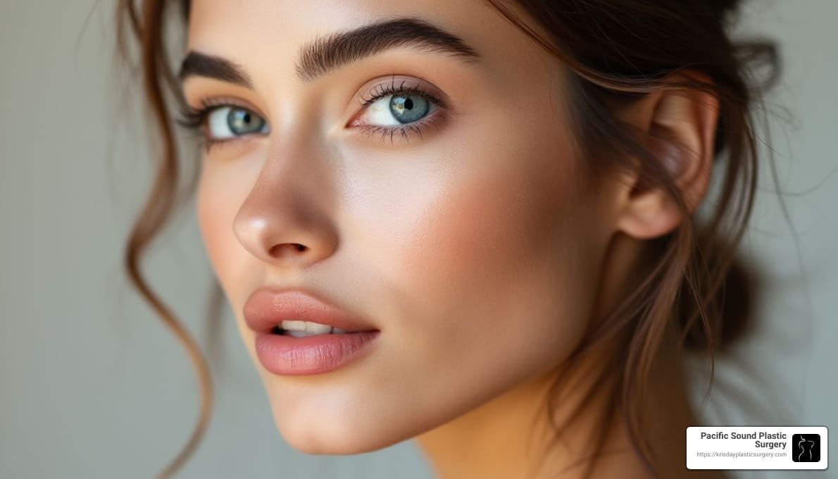 Close-up of a woman’s face showing balanced facial symmetry after orthognathic surgery, illustrating aesthetic results from 3D imaging and surgical planning at Pacific Sound Plastic Surgery.