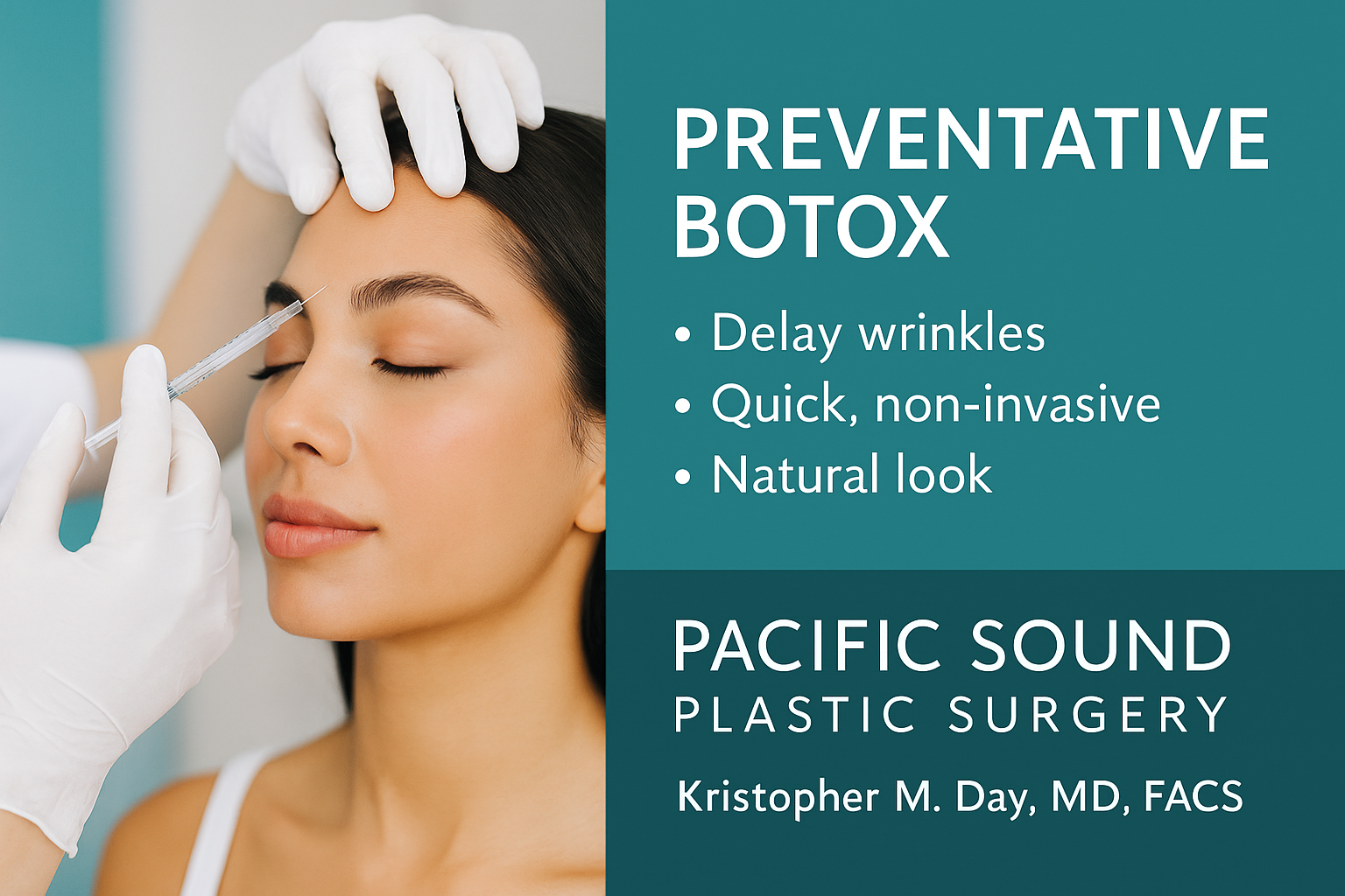 Woman receiving preventative Botox injection between the brows to soften lines around the eyes at Pacific Sound Plastic Surgery.