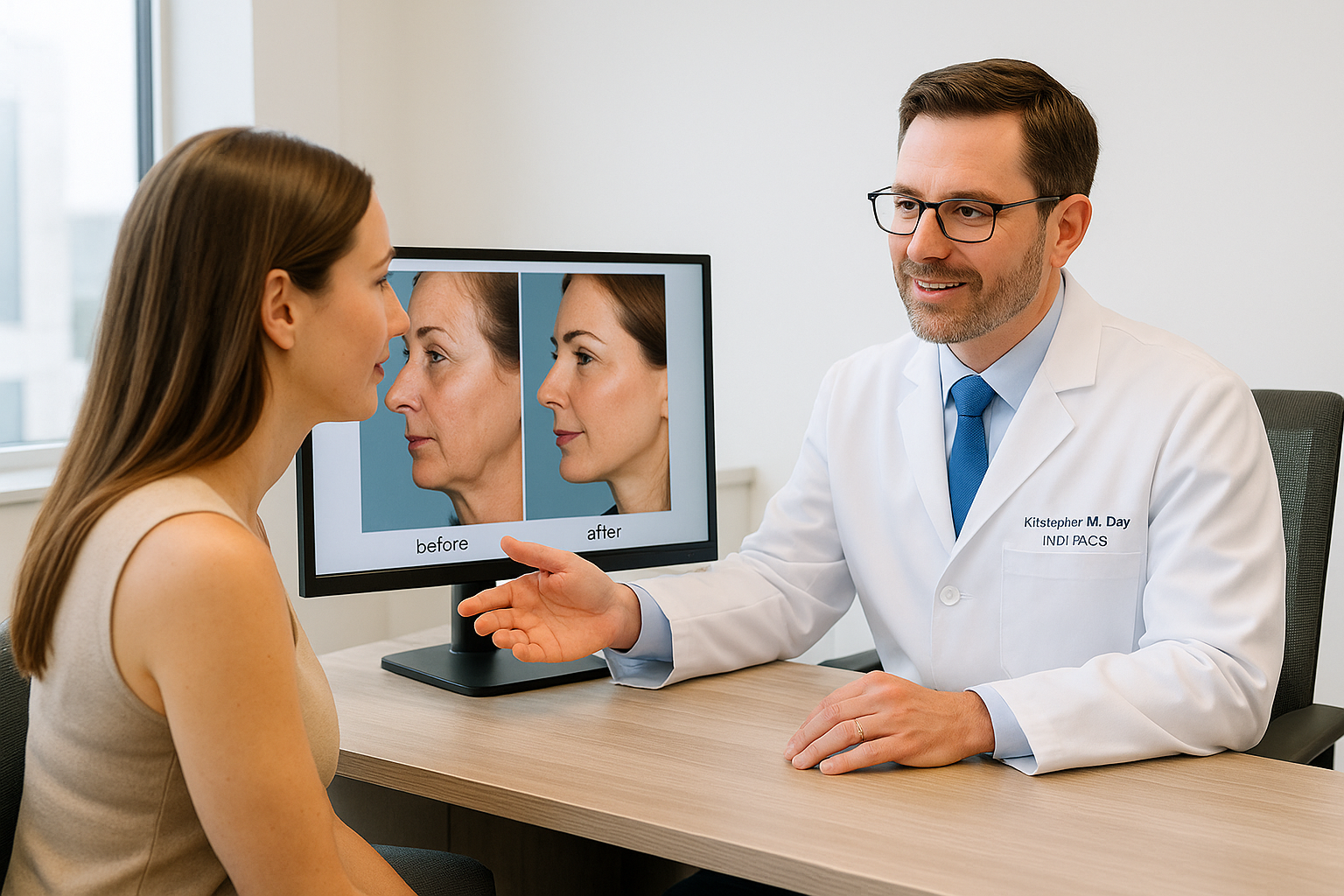 Board-certified plastic surgeon reviewing facial before-and-after photos with a patient during a consultation at Pacific Sound Plastic Surgery in Bellevue.