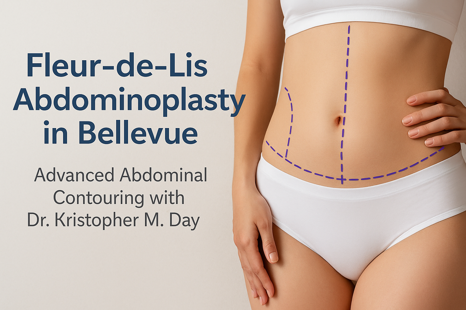 Female abdomen with dotted surgical planning lines illustrating a Fleur-de-Lis tummy tuck, promoting advanced abdominal contouring in Bellevue, WA.