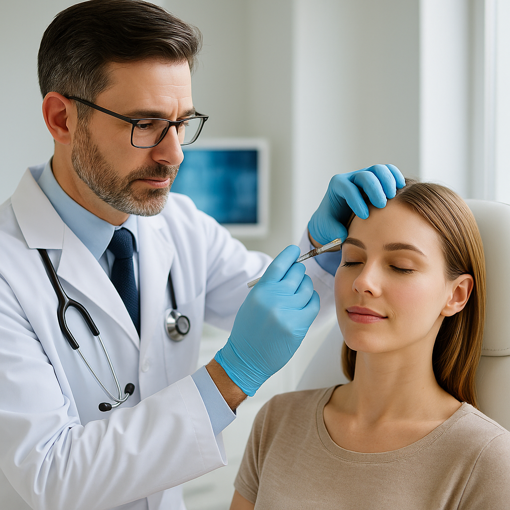Board-certified plastic surgeon administering preventative Botox to a young woman at Pacific Sound Plastic Surgery in Bellevue.