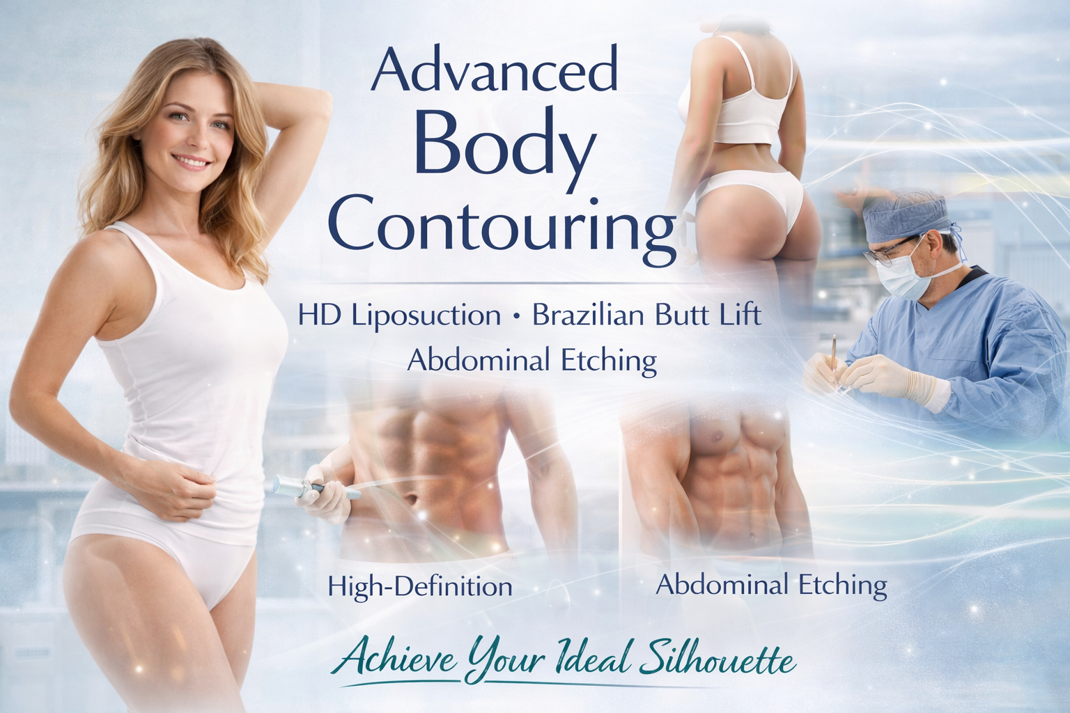 Promotional banner for Advanced Body Contouring featuring a smiling woman, a Brazilian butt lift silhouette, sculpted abdominal imagery, and an operating-room scene, highlighting HD liposuction, BBL, and abdominal etching at Pacific Sound Plastic Surgery in Bellevue.