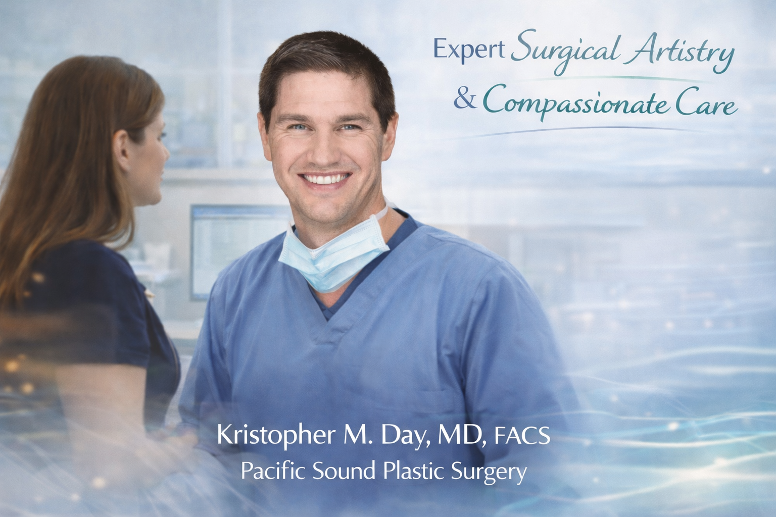 Smiling surgeon in blue scrubs with clinic staff in the background; overlay text reads “Expert Surgical Artistry & Compassionate Care” and “Kristopher M. Day, MD, FACS – Pacific Sound Plastic Surgery.”